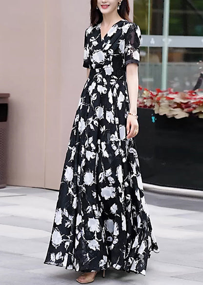 Black V Neck Print Chiffon Long Dress Summer