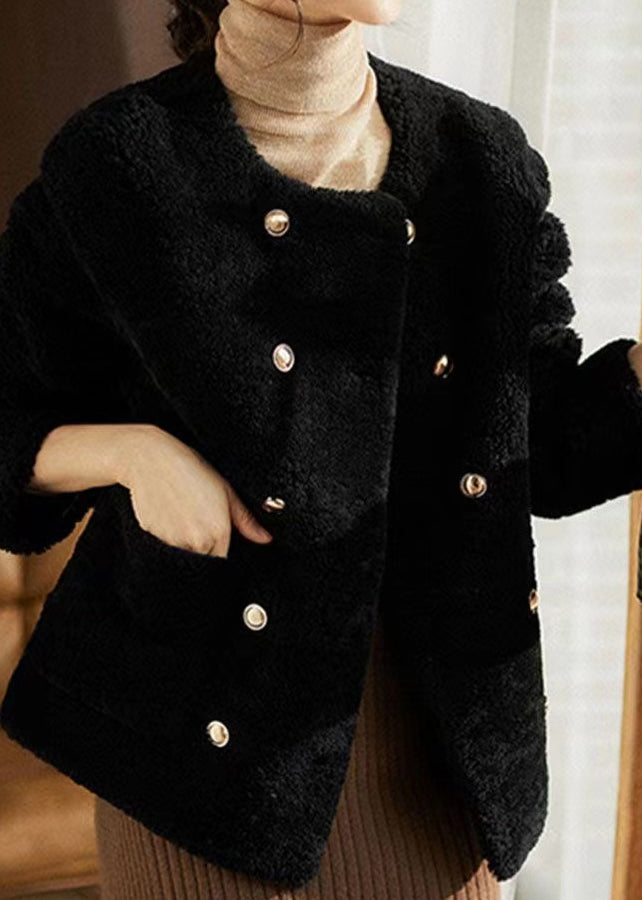 Black O Neck Pockets Patchwork Wool Coats Winter