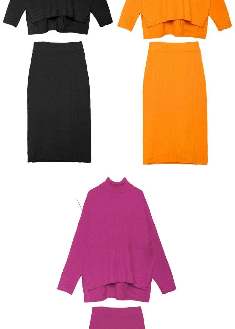 High Neck Sweater Suit Skirt Two-piece Long Over-the-knee Temperament Autumn and Winter Knitted Skirt