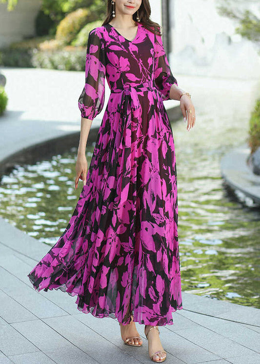 Rose V Neck Print Wrinkled Chiffon Dresses Summer