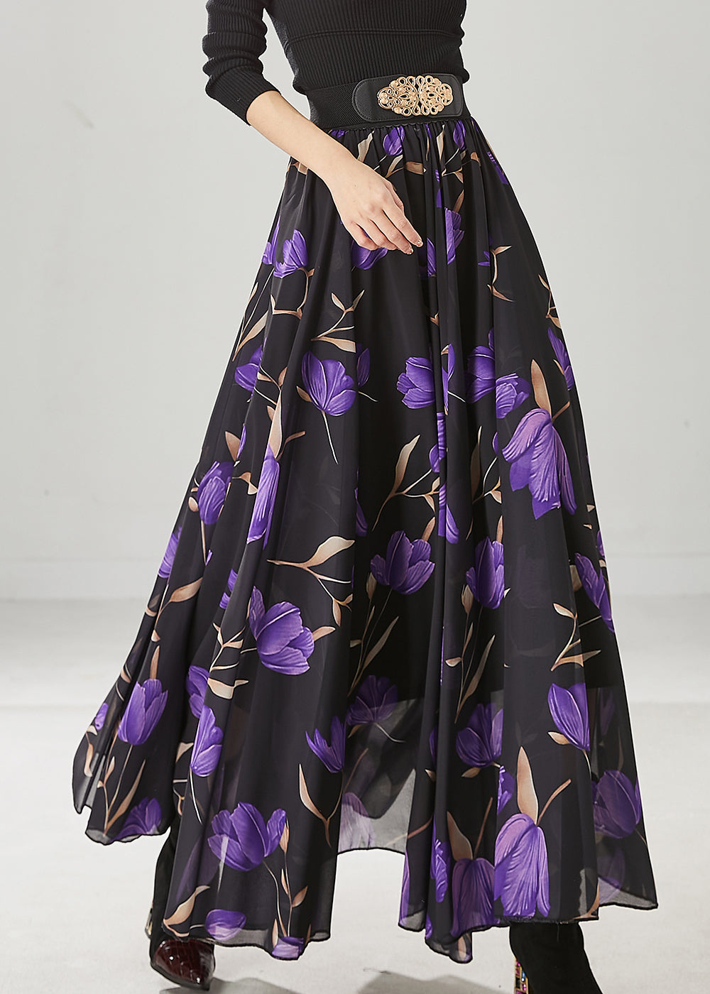 Black Tulip Print Exra Large Hem Chiffon Skirt Spring