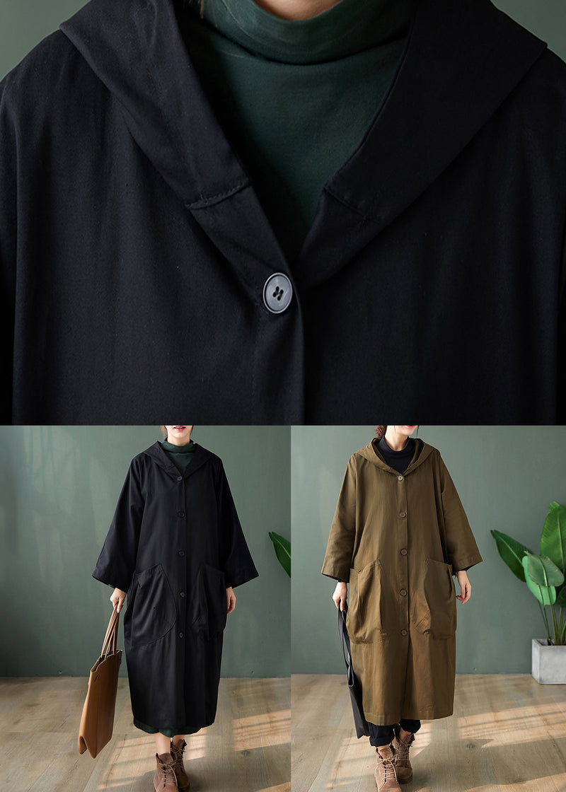 Black Hooded Pockets Patchwork Cotton Long Trench Coats Long Sleeve