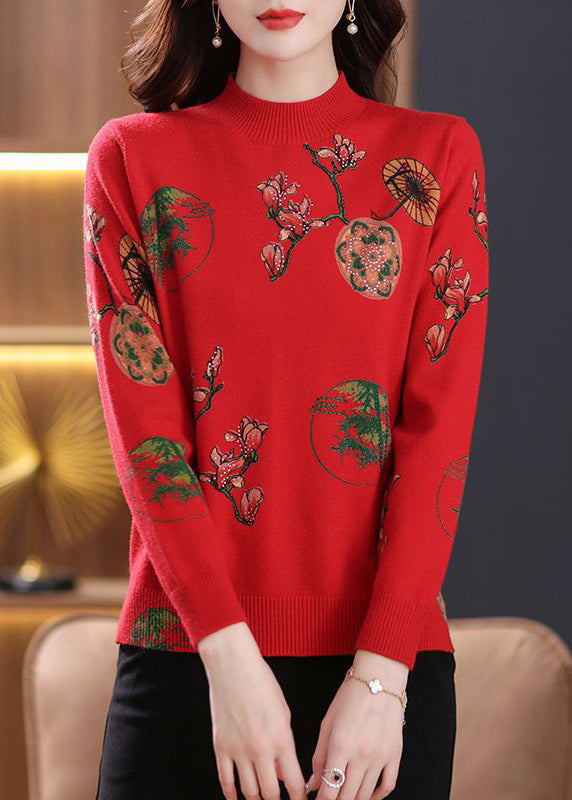 Red Print Cozy Wool Knit Top O-neck Long Sleeve