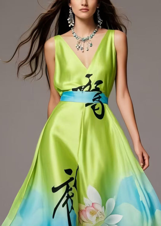 Grass Green Print Exra Large Hem Silk Party Dress Summer