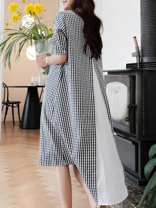 French Black White Plaid Cotton Clothes Lapel Low High Design Cotton Dress