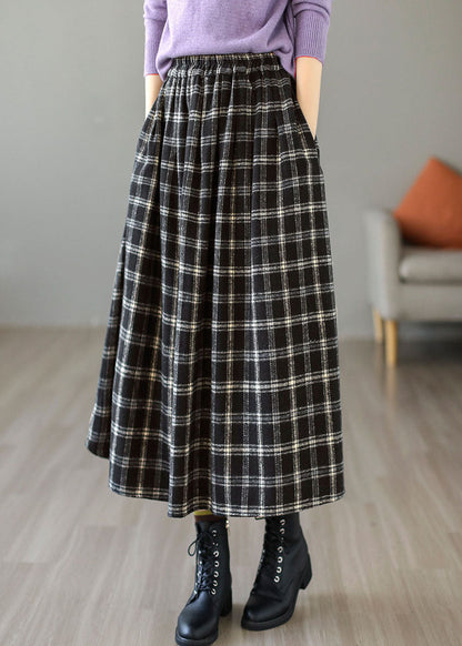 Black Elastic Waist Plaid Cotton a Line Skirt Spring