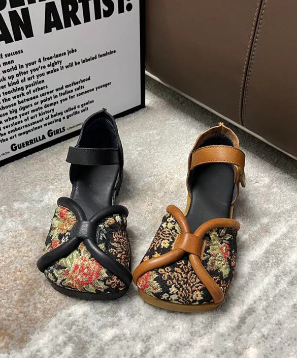 Handmade Embroidery Walking Sandals Black Cowhide Leather
