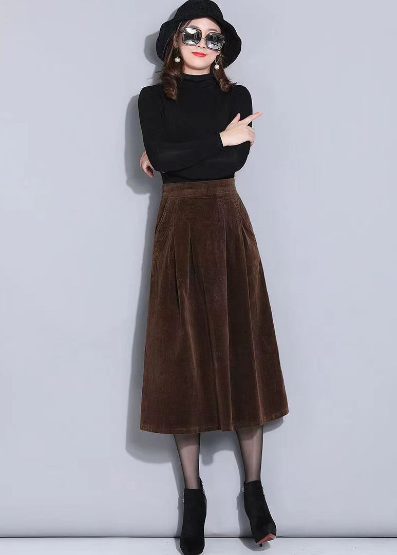 Brown Elastic Waist Pockets Corduroy a Line Skirts Spring