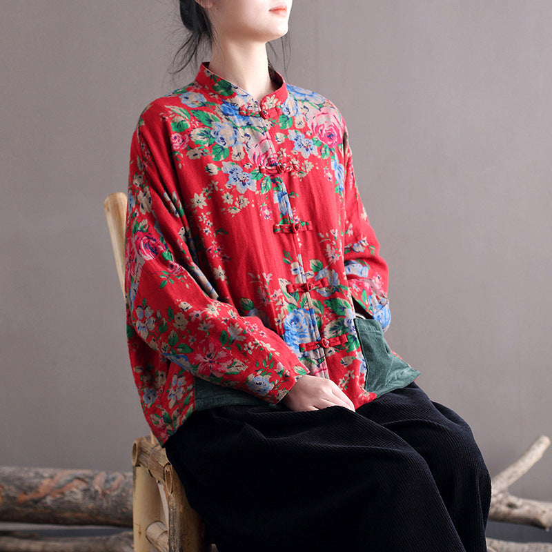 Blouse Stand Collar Large Flower Long-sleeved Jacket