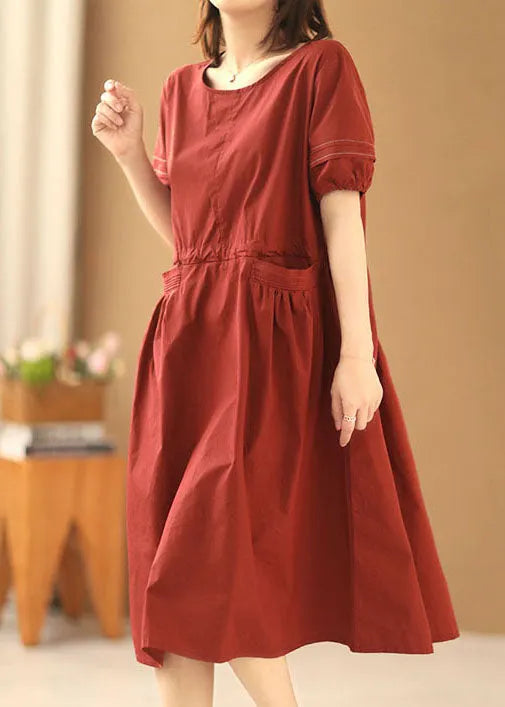 Red O-neck Drawstring Cotton Holiday Dress Short Sleeve