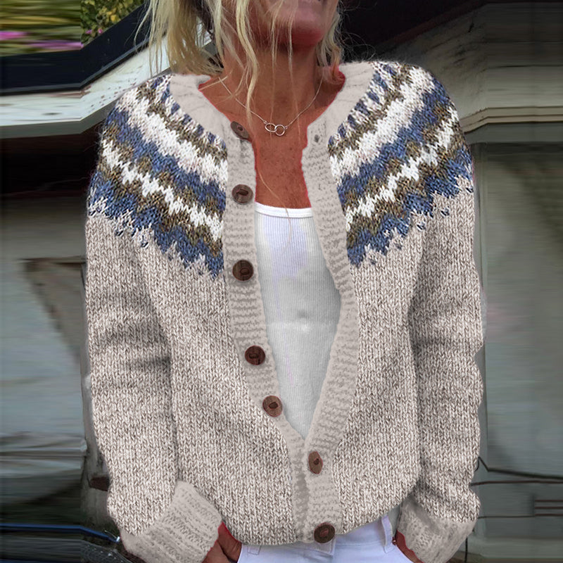 Retro Geometric Lines Knitted Button Down Cozy Sweater elevenforest