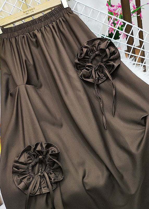 Chocolate Cotton Skirts Elastic Waist Wrinkled Spring