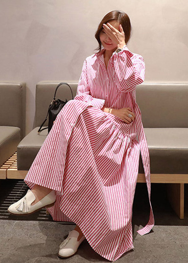 Diy Red Striped Peter Pan Collar Button Tie Waist Wrinkled Cotton Dress Long Sleeve