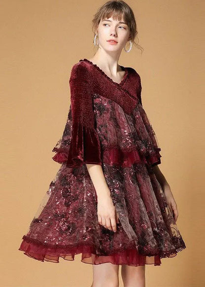 Mulberry V Neck Organza Patchwork Silk Velour Dresses Flare Sleeve