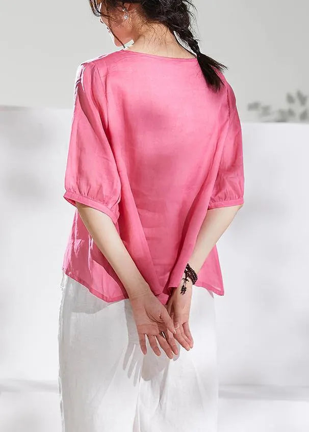 Natural V Neck Half Sleeve Linen Summerclothes for Pink Print Blouse
