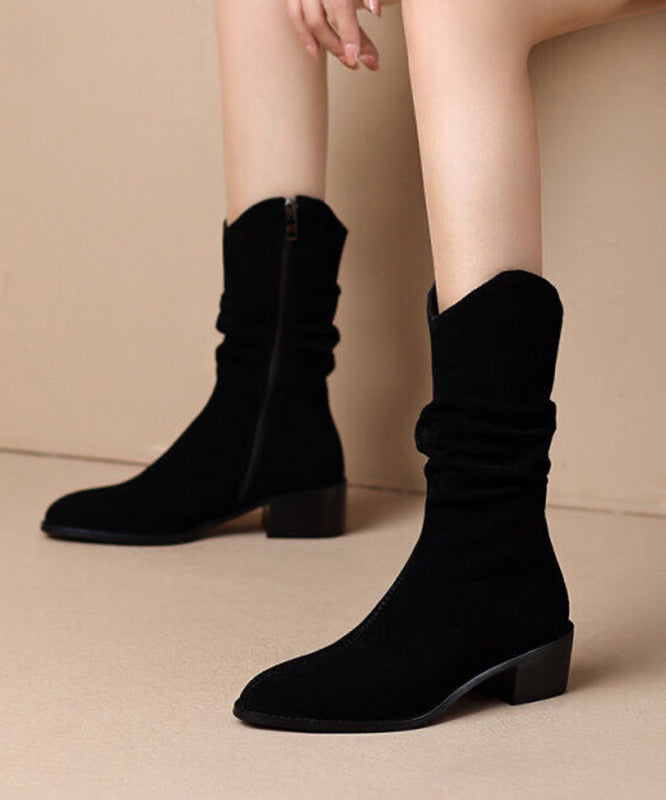 Khaki Suede Splicing Chunky Boots