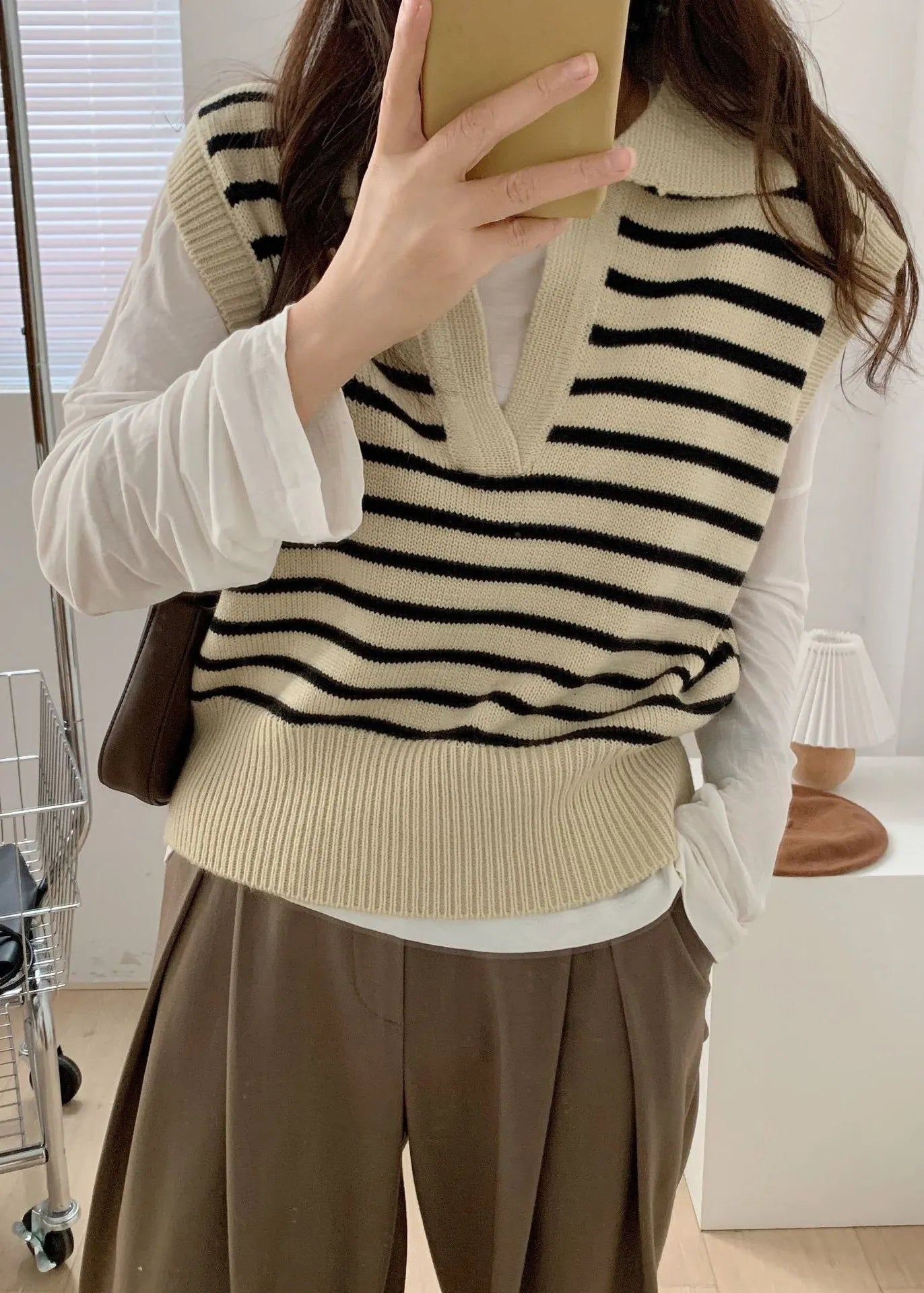 Peter Pan Collar Striped Knit Vest Tops Sleeveless