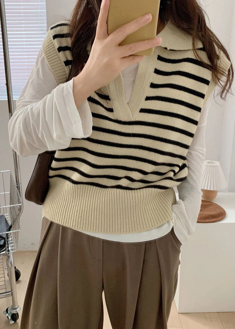 Peter Pan Collar Striped Knit Vest Tops Sleeveless