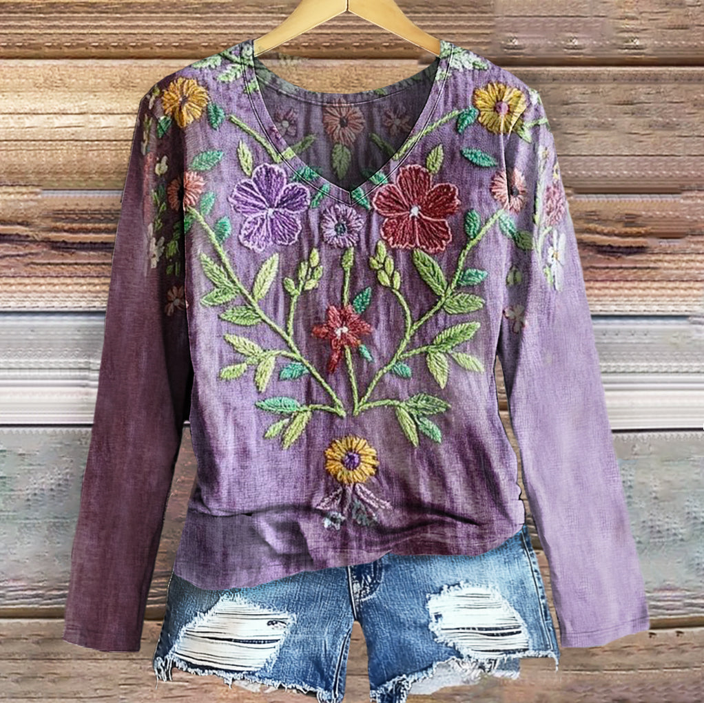 Women's Vintage Ethnic Floral Art Print Casual V-neck Long Sleeve T-sh