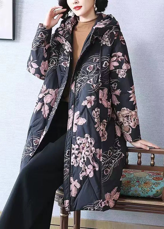 Black Hooded Print Pockets Duck Down Down Coat Winter