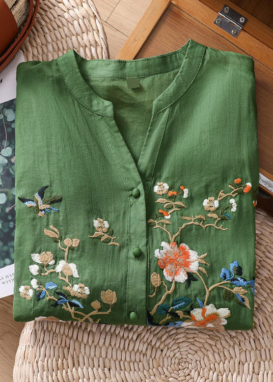 Grey Embroidered Button Patchwork Linen Top Bracelet Sleeve