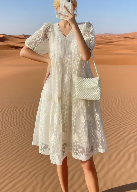 Beige Embroidered Tulle Holiday Dress Summer