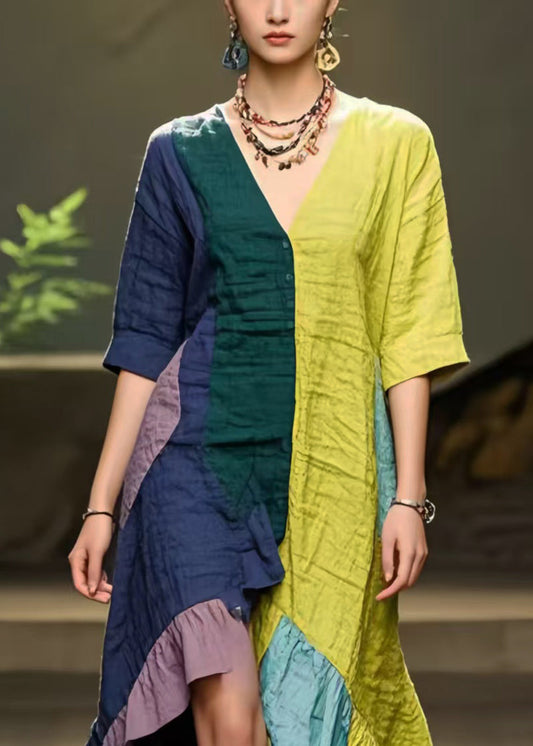 New Retro Asymmetrical Patchwork Ruffles Cotton Dress Summer
