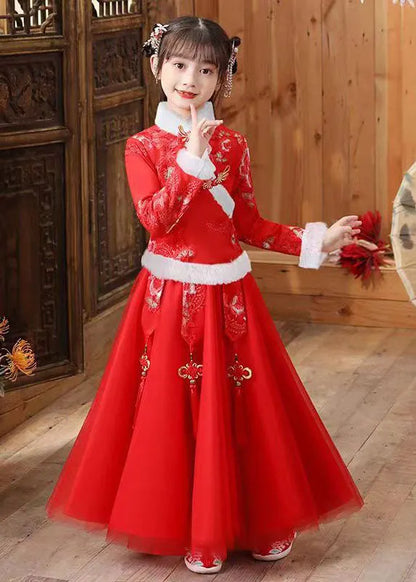 Style Pink Embroideried Warm Fleece Coats and Tulle Maxi Skirts Two Pieces Set Long Sleeve