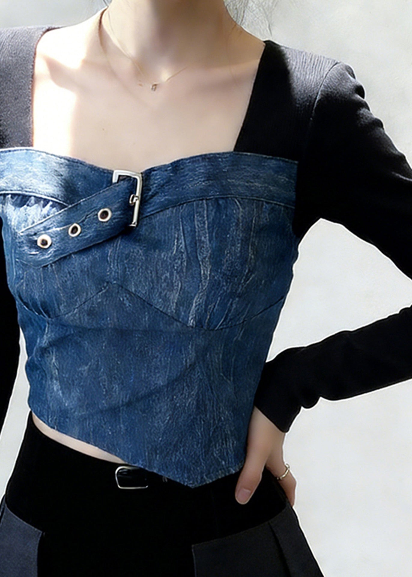 Black Square Collar Patchwork Denim Shirt Tops Spring