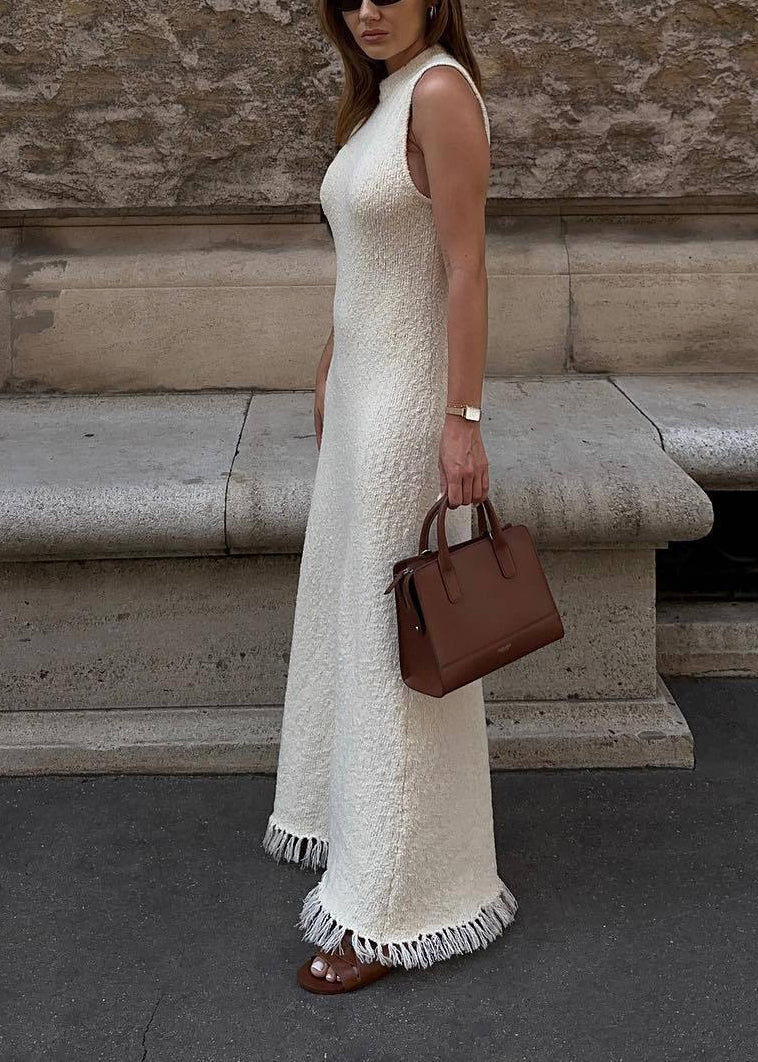 European and American Style White Tasseled Patchwork Knit Long Dress Sleeveless