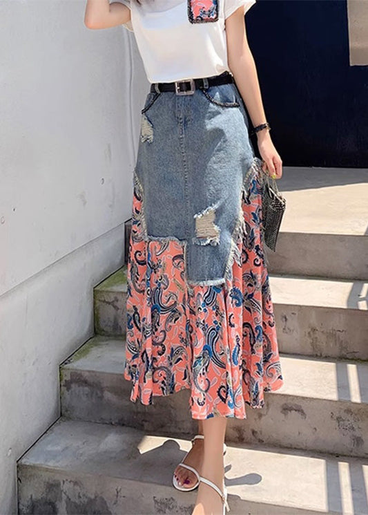 Natural Pink Print Chiffon Patchwork a Line Skirt Summer