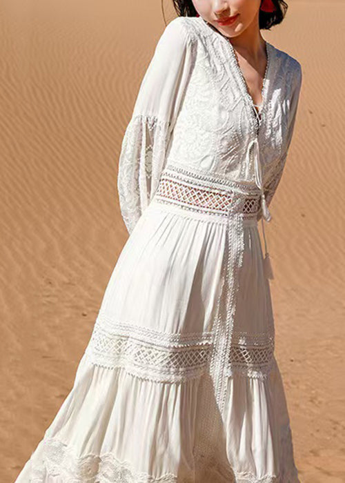 White Lace Hollow Out Long Dress Puff Sleeve