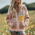 Comstylish Women's Vintage Floral Patchwork Cozy Knit Hooded Zipper Sweater