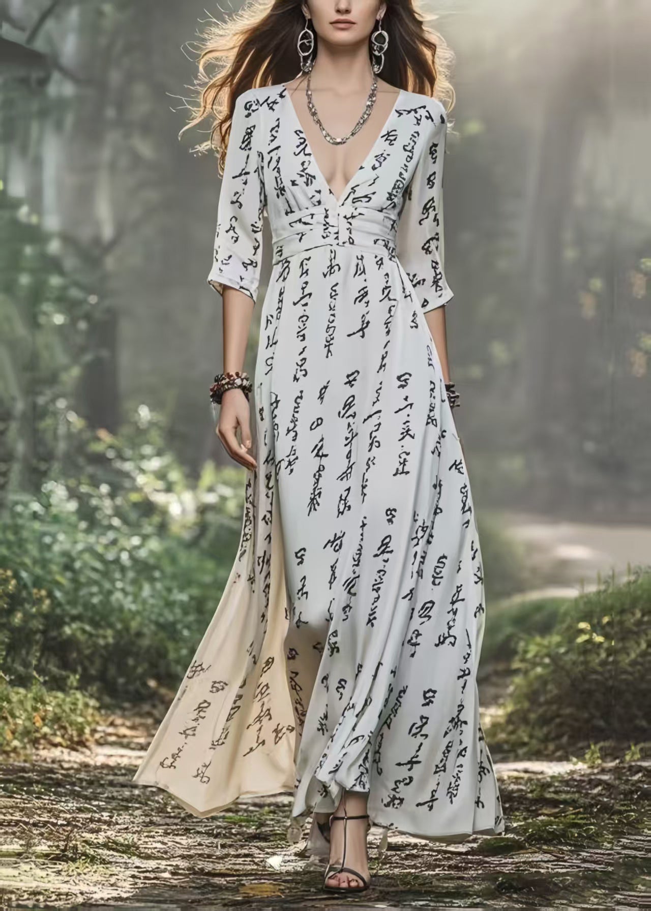 White V Neck Print Chiffon Dress Bracelet Sleeve