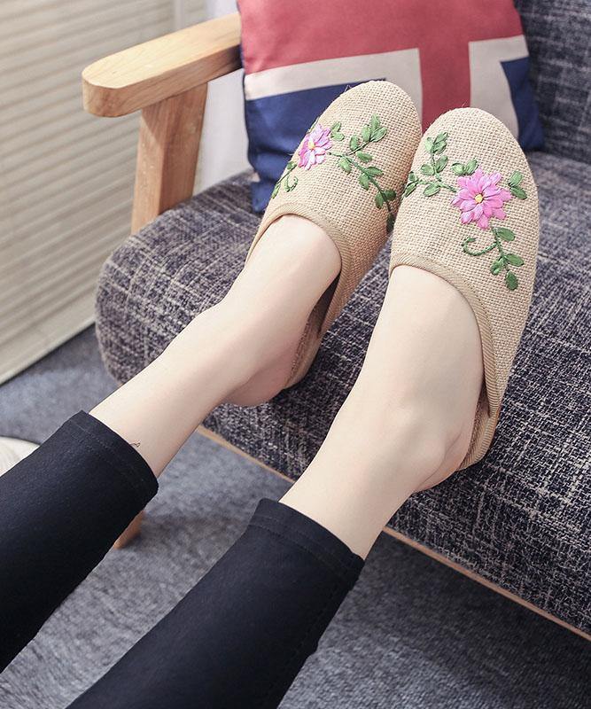 Khaki Embroidered Linen Fabric Slippers Shoes