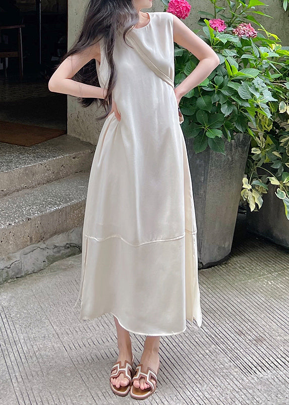 White O-neck Side Open Silk Long Dress Sleeveless