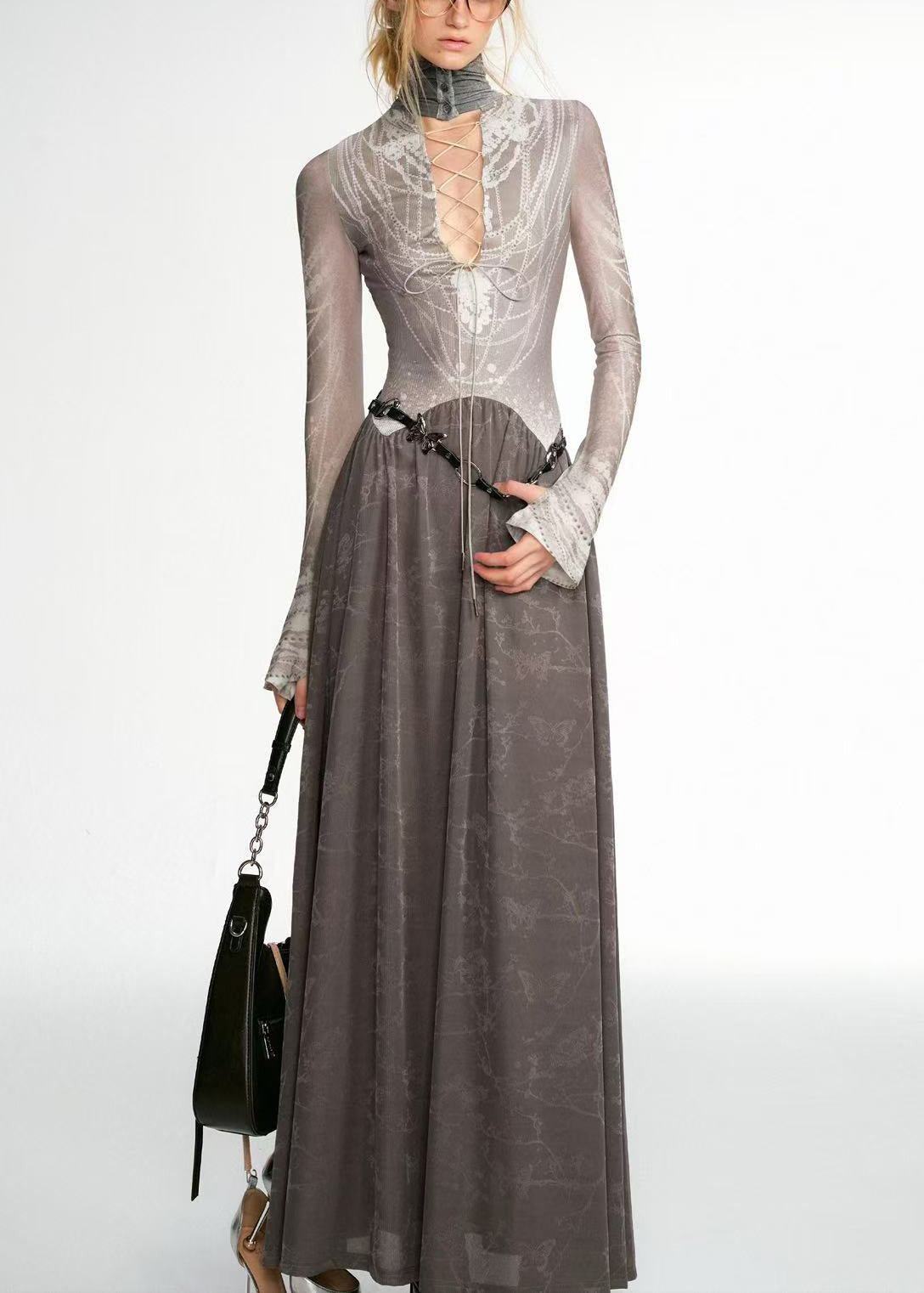 Italian Grey Lace Up Wear on Both Sides Patchwork Cotton Long Dress Fall