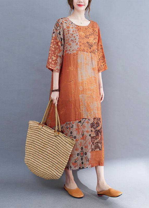 Modern Color Block Loose O-neck Print Summer Side Open Dress Half Sleeve
