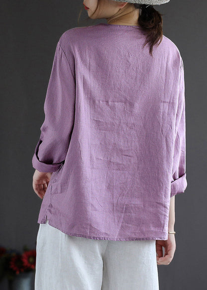 Purple Button O-neck Linen Tops Long Sleeve