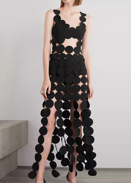 Black Hollow Out Backless Cotton Spaghetti Strap Dress Sleeveless