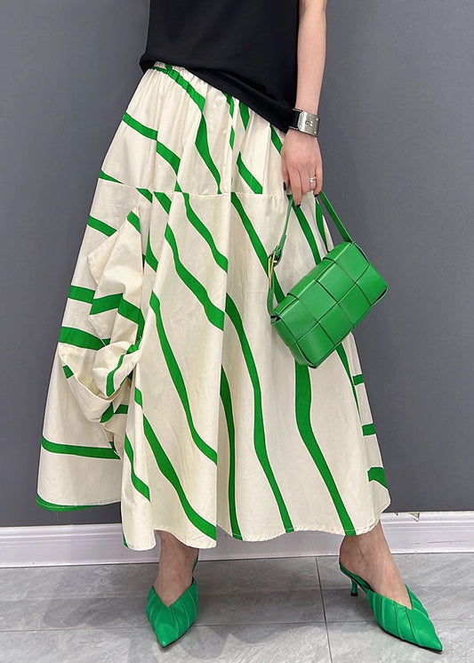 Green Striped Elastic Waist Asymmetrical Cotton Loose Skirts Summer