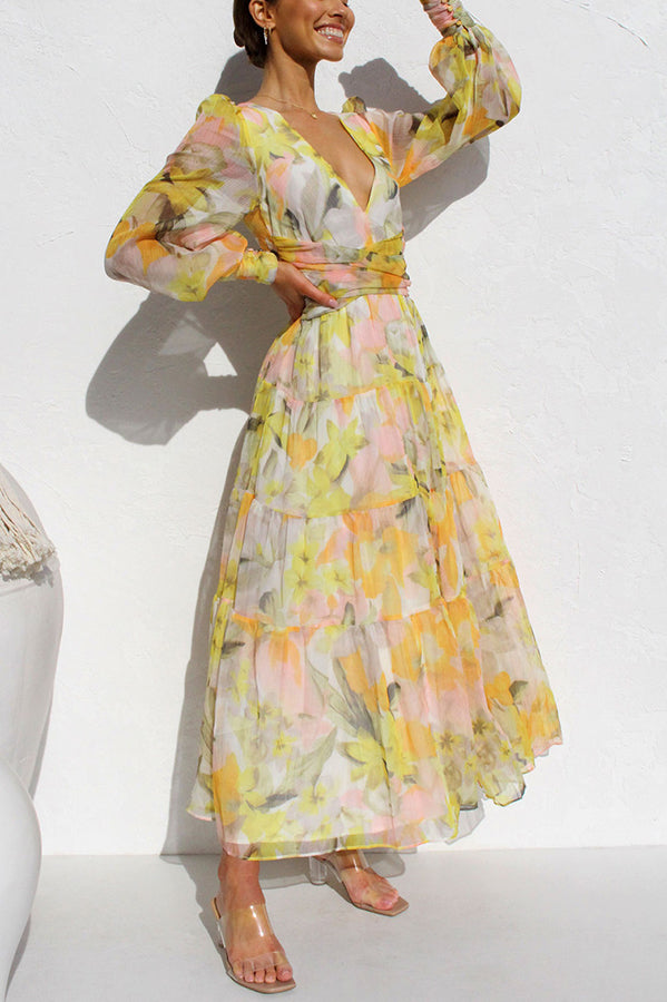 Yellow Olena Abstract Balloon Sleeves Maxi Dress