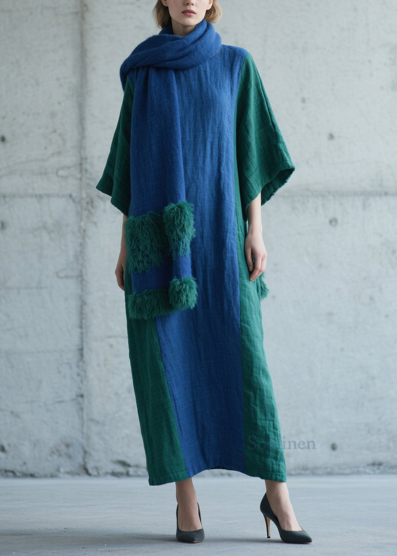 Colorblock Patchwork Cotton Long Dress Fall