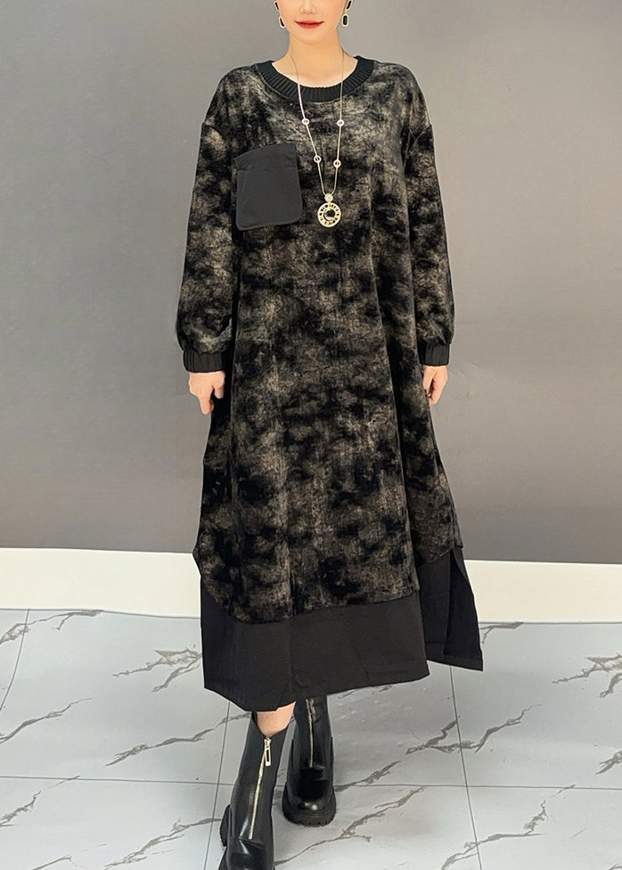 Black O-neck Tie Dye Side Open Silk Velvet Maxi Dress Winter