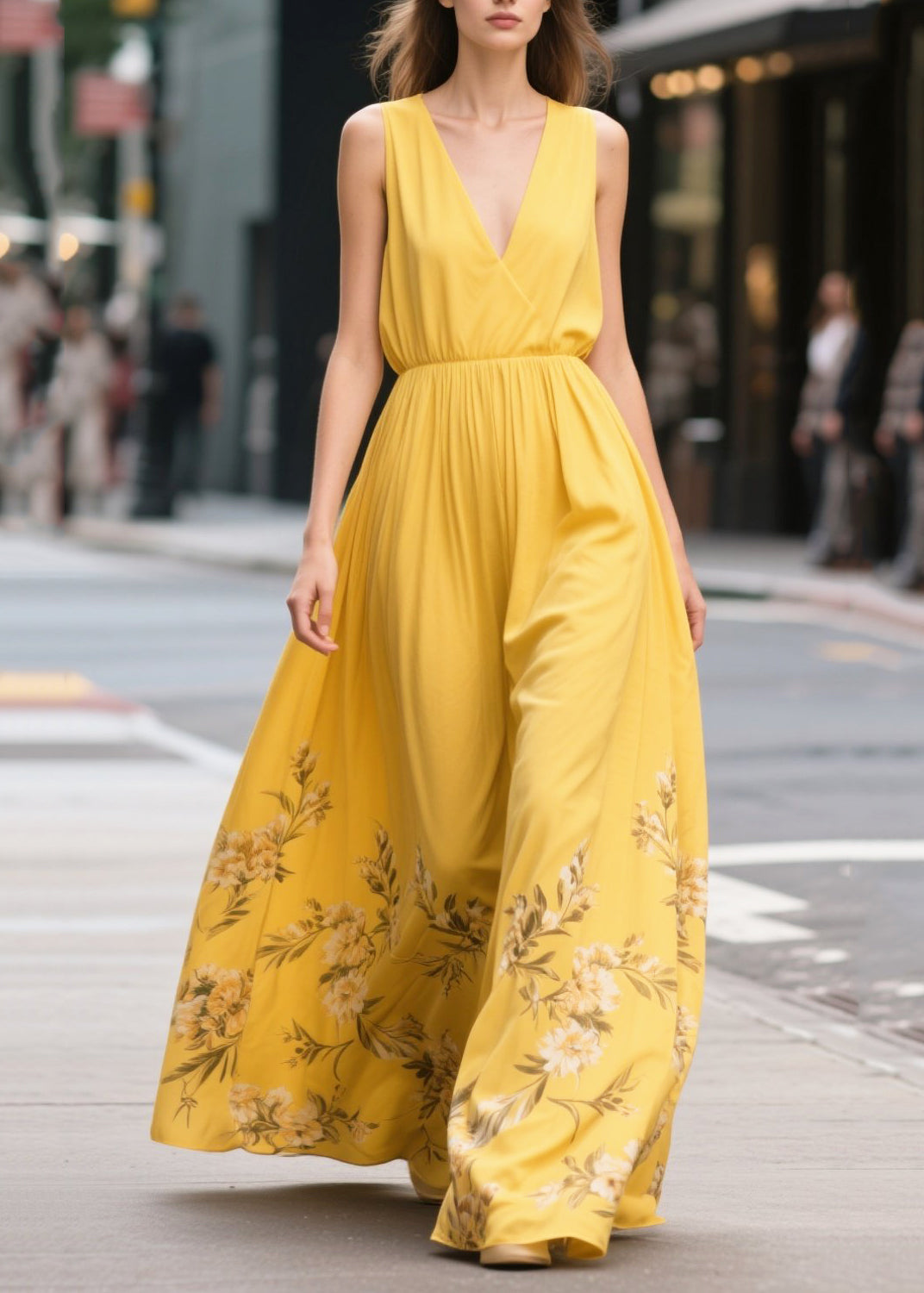 Yellow Print Draping Chiffon Sundress Summer