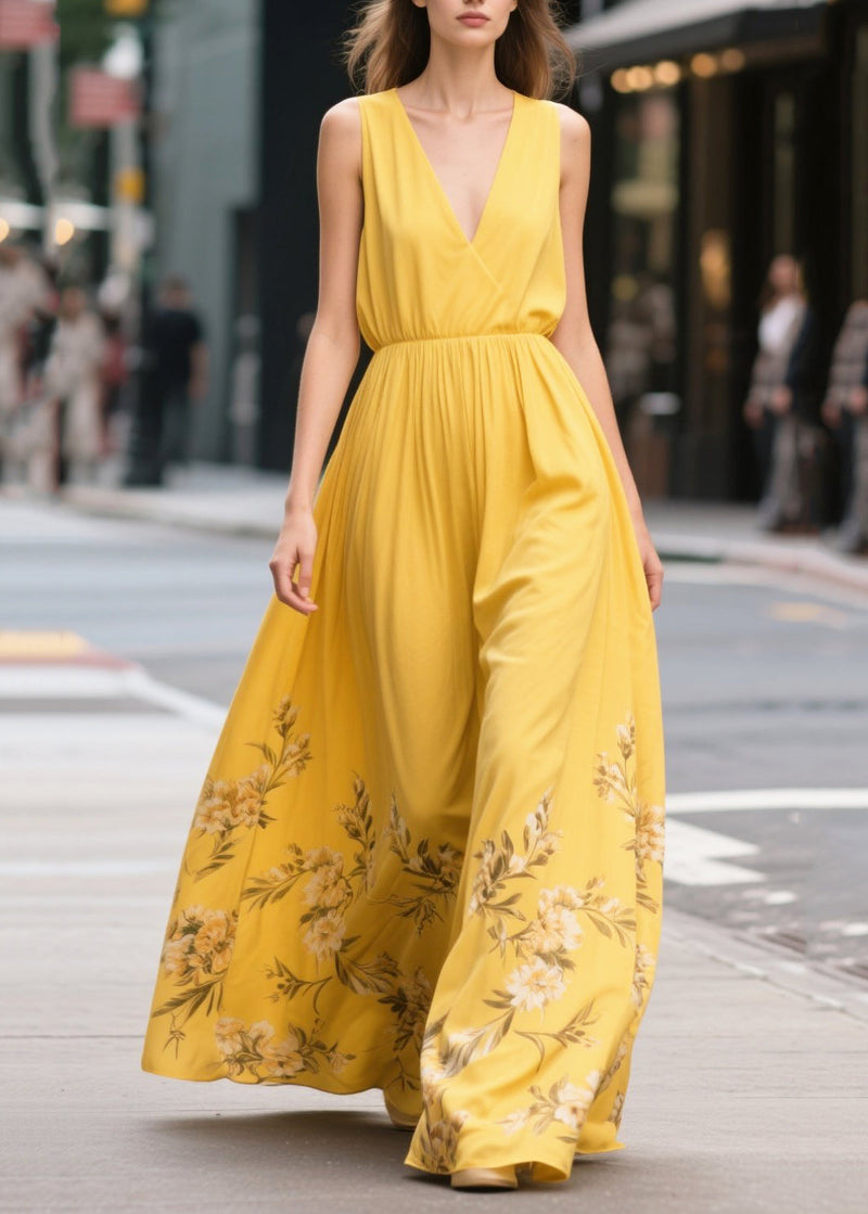 Yellow Print Draping Chiffon Sundress Summer