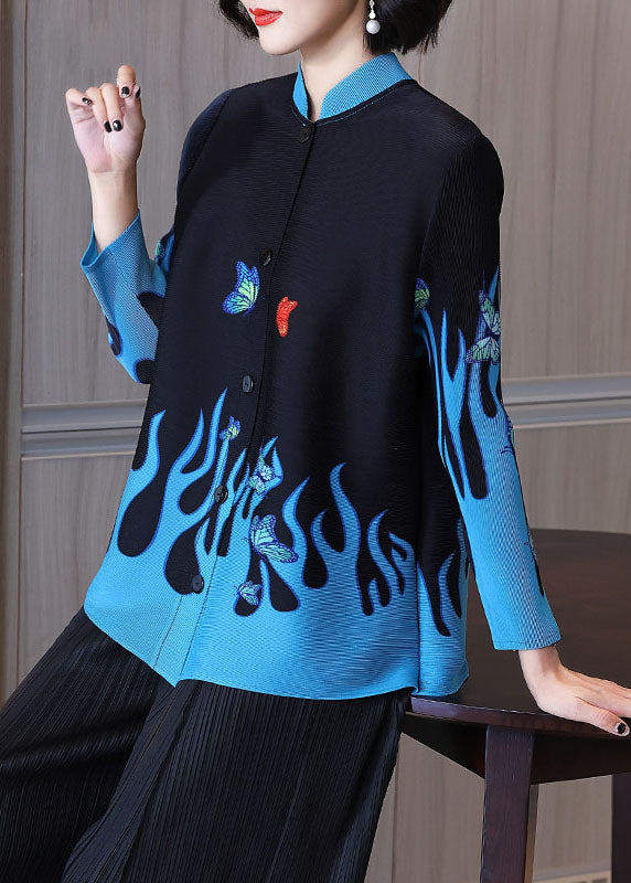 Black Stand Collar Print Button Shirt Long Sleeve