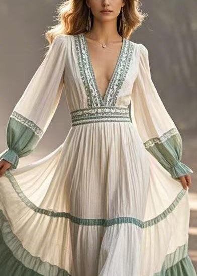 Style White Deep-v Neck Patchwork Exra Large Hem Party Dresses Spring