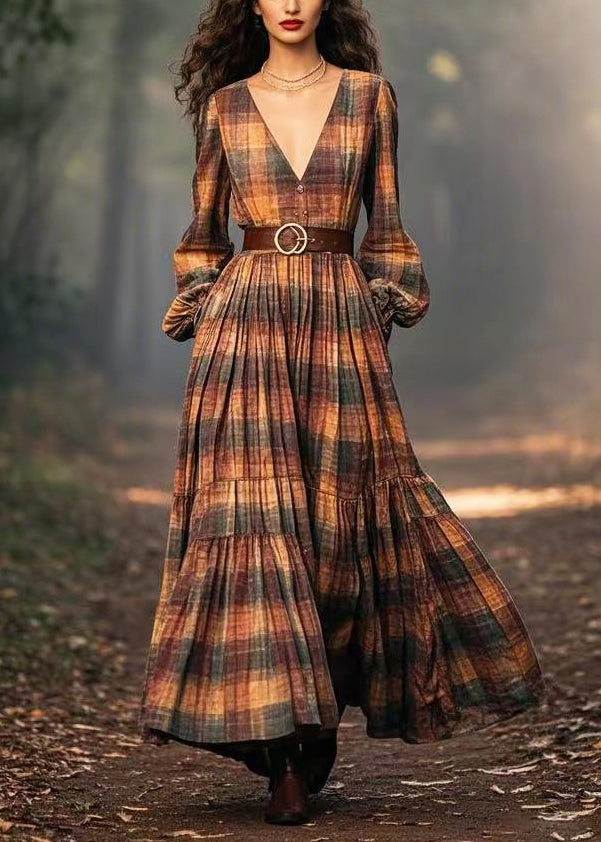 Brown Plaid Exra Large Hem Cotton Cinched Dresses Spring