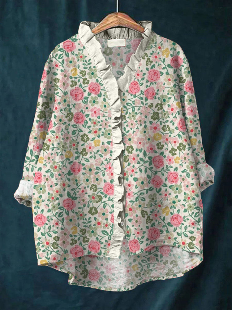 Boho Rose Print Ruffled Linen Shirt elevenforest